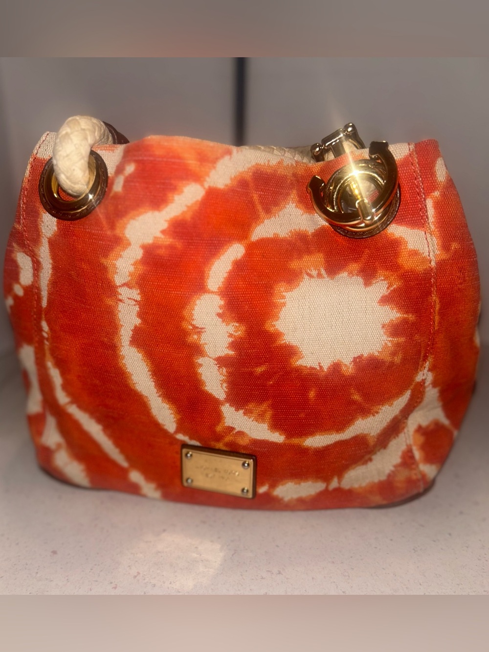 Michael Micheal Kors Red/Orange and Cream Tie-Dye Canvas Shoulder Bag